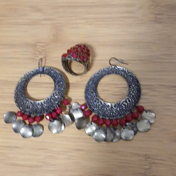 Red and Silver Tassel Crescent Earrings - Picture 3 of 7